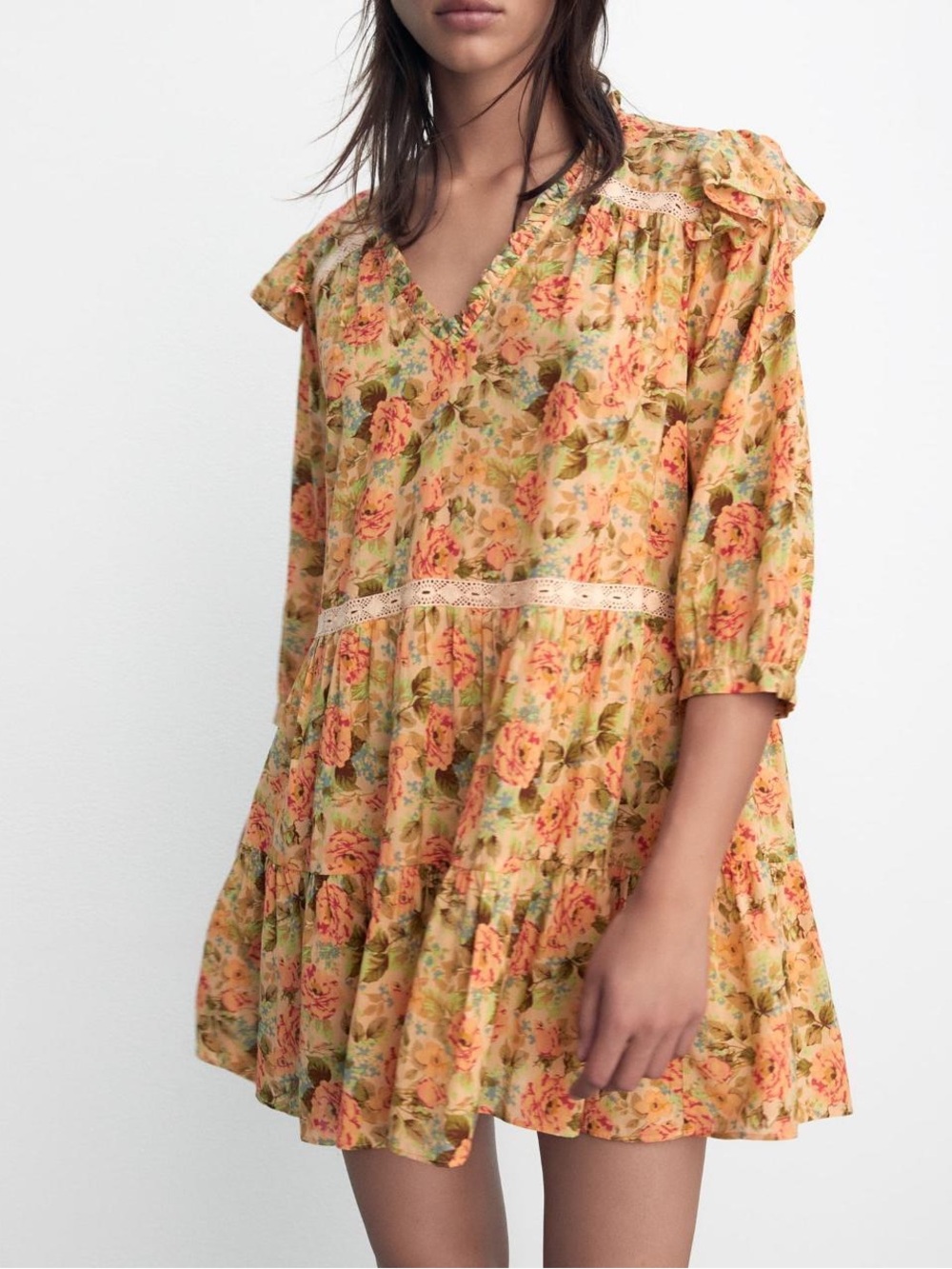 ZARA | floral mini dress with lace trim and ruffle sleeve